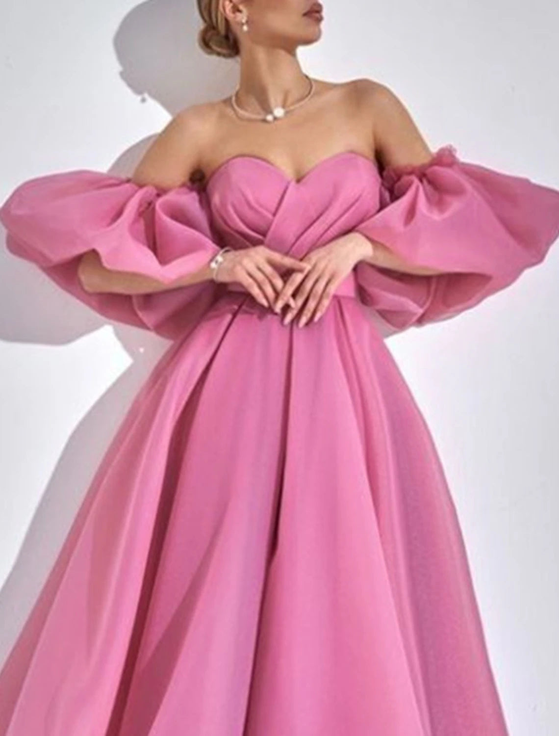 A-Line Cocktail Dresses Elegant Dress Summer Ankle Length Short Sleeve Off Shoulder Fall Wedding Guest Organza with Ruched-SOGOTADE