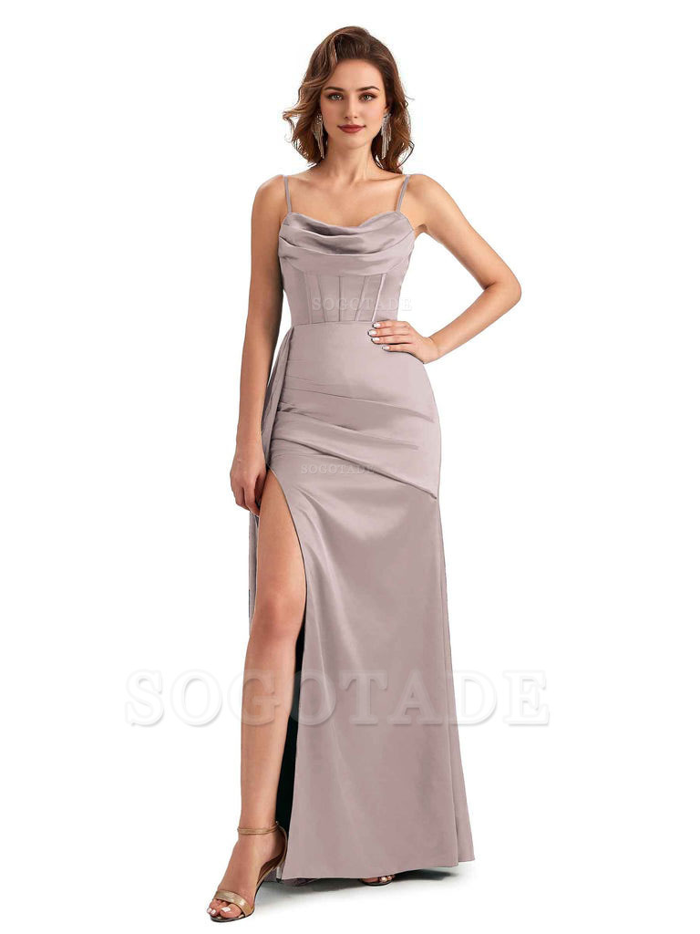 Sexy Side Slit Mermaid Silky Satin Spaghetti Straps Unique Wedding Guest Dresses