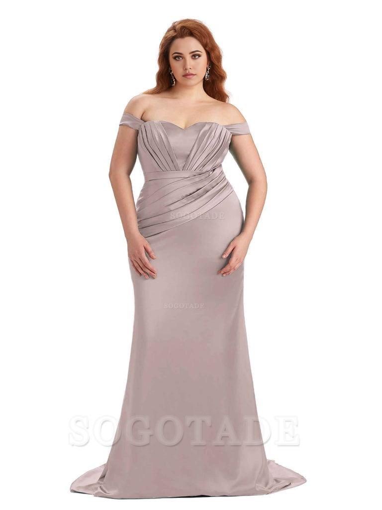Sexy Mermaid Off The Shoulder Sweetheart Soft Satin Floor Length Long Plus Size Maid of Honor Dresses