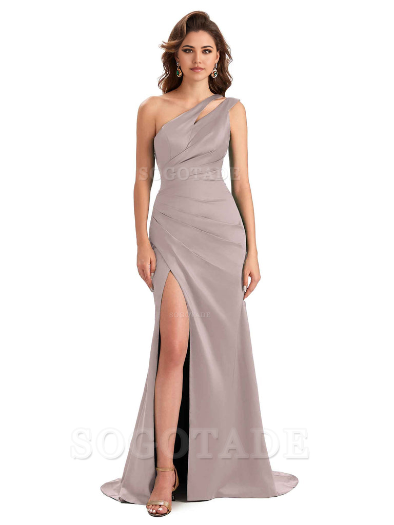 Mermaid One Shoulder Satin Sexy formal dresses evening gown Bridesmaid Dresses With Side Slit 