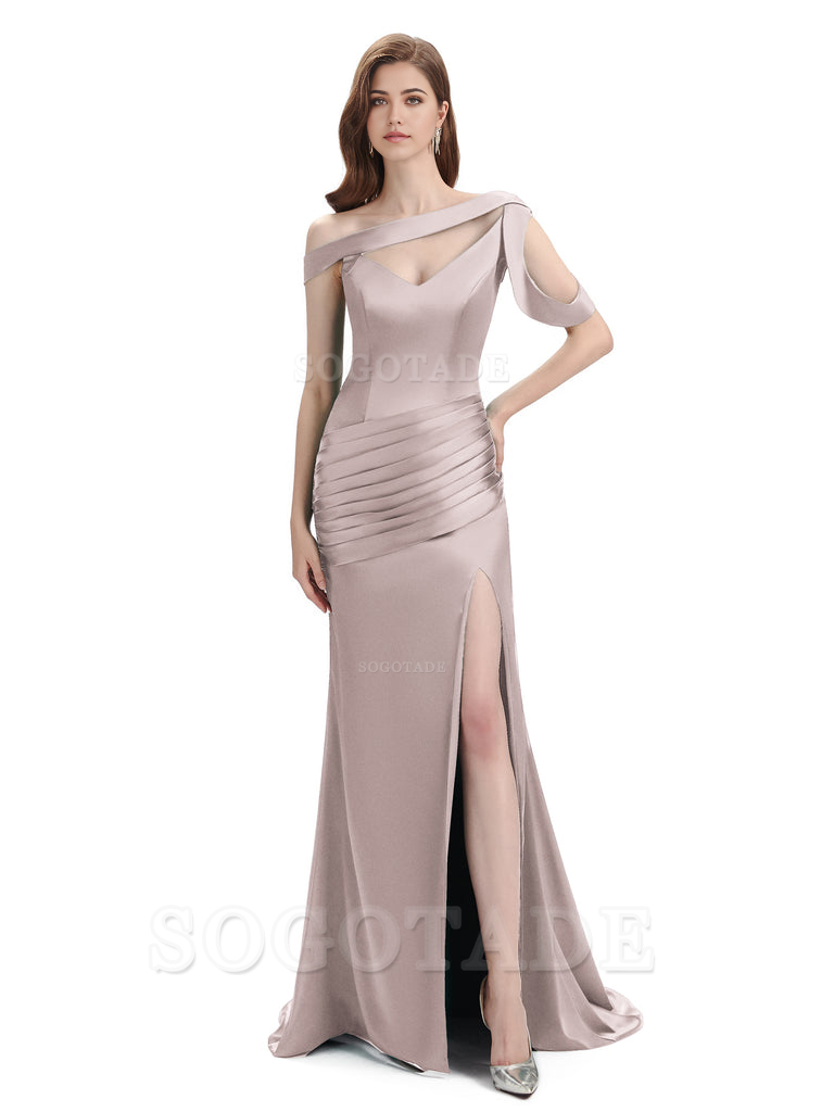Mermaid V-Neck Satin Floor-Length formal dresses evening gown Bridesmaid Dresses With Side Slit 
