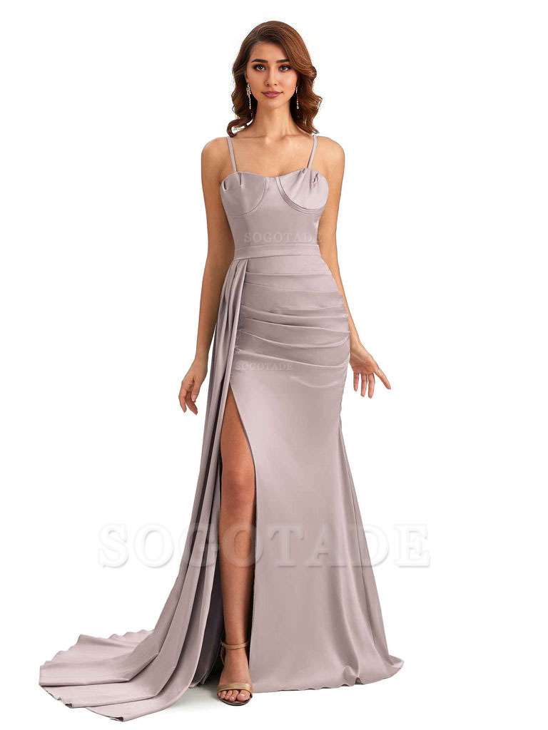 Sexy Spaghetti Straps Side Slit Mermaid Unique Long Bridesmaid Dresses In Satin