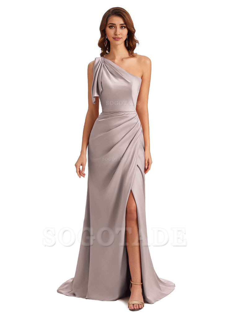 Sexy One Shoulder Mermaid Side Slit Unique Silky Satin Bridesmaid Dresses 