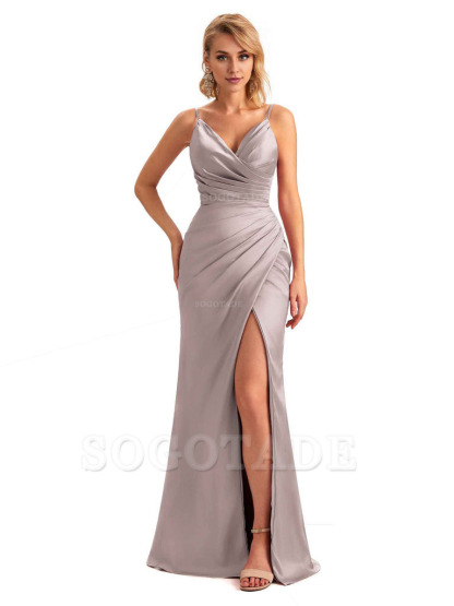 Sexy Side Slit V-Neck Mermaid Silky Satin Unique Long Formal Ladies Bridesmaid Dresses
