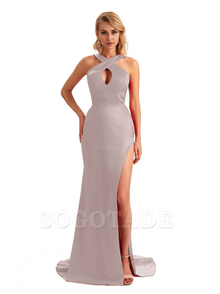 Sexy Side Slit Halter Mermaid Silky Satin Unique Long Formal Wedding Bridesmaid Dresses