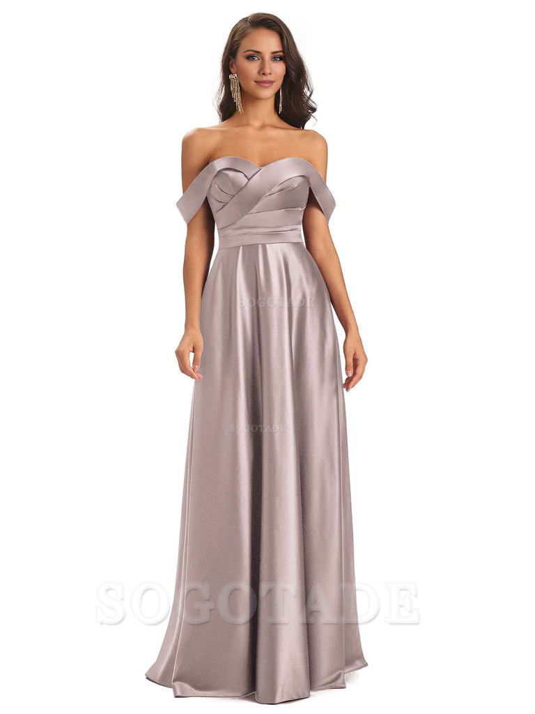 Sexy Soft Satin Off The Shoulder A-Line Long Bridesmaid Dresses Elegant Evening Party Dress