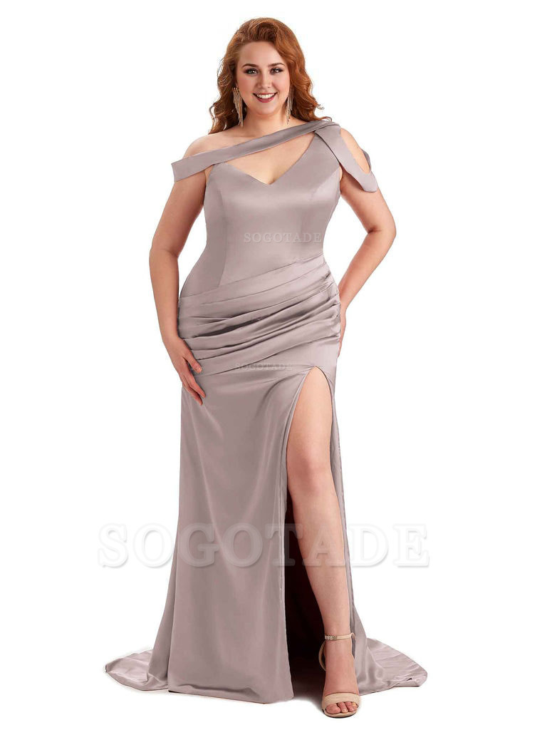 Sexy V-Neck Side Slit Unique Mermaid Soft Satin Long Plus Size Bridesmaid Dress For Wedding