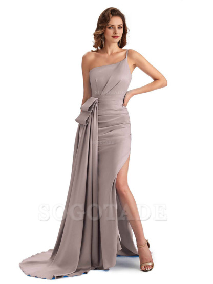 Sexy Side Slit Mermaid Silky Satin One Shoulder Modern Maxi Bridesmaid Dresses