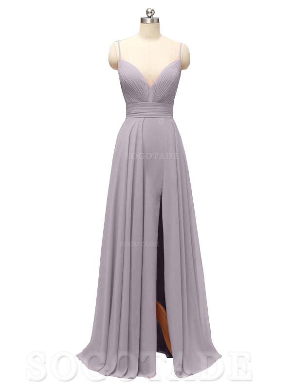 Honest Chiffon Spaghetti Straps Slit Long Bridesmaid Dresses prom shop dresses