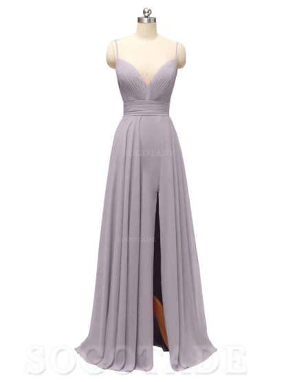 Honest Chiffon Spaghetti Straps Slit Long Bridesmaid Dresses prom shop dresses