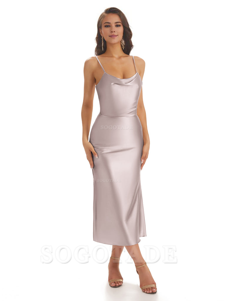 Sexy Soft Satin Spaghetti Strap Tea-Length Midi Short Bridesmaid Dresses prom shop dresses
