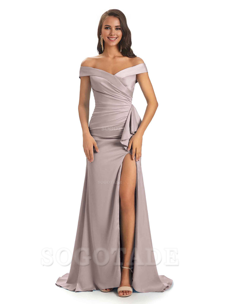 Sexy Soft Satin Side Slit Off The Shoulder Maxi Long Mermaid Bridesmaid Dresses prom shop dresses