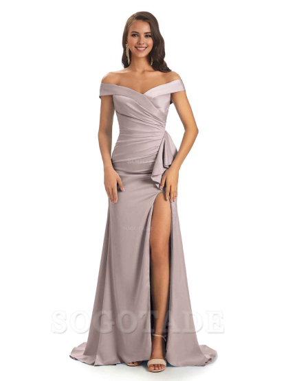 Sexy Soft Satin Side Slit Off The Shoulder Maxi Long Mermaid Bridesmaid Dresses prom shop dresses