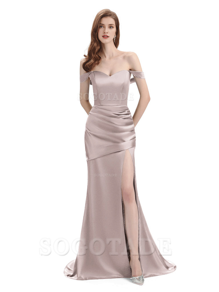 Sexy Soft Satin Side Hight Slit Off The Shoulder Floor-Length Mermaid Bridesmaid Dresses