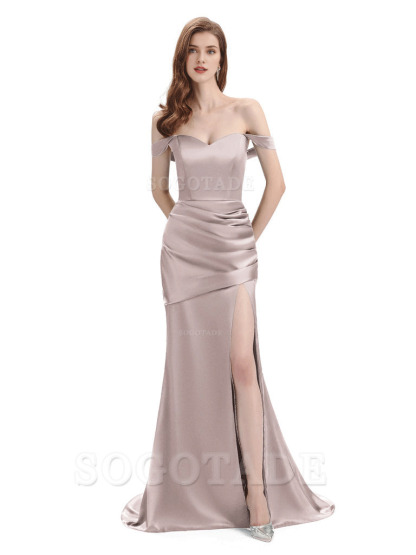 Sexy Soft Satin Side Hight Slit Off The Shoulder Floor-Length Mermaid Bridesmaid Dresses