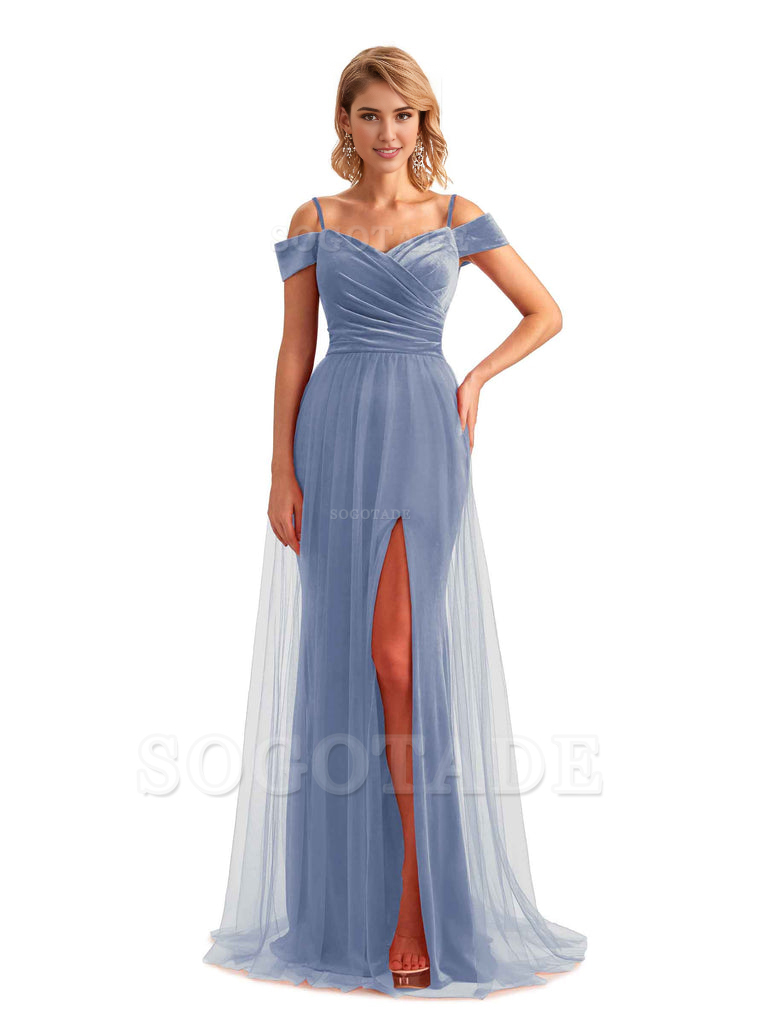 Elegant Mermaid Spaghetti Straps Floor Length Cold Shoulder Side Slit Tulle Velvet Long Bridesmaid Dresses
