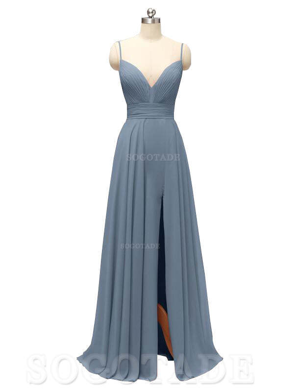 Honest Chiffon Spaghetti Straps Slit Long Bridesmaid Dresses prom shop dresses