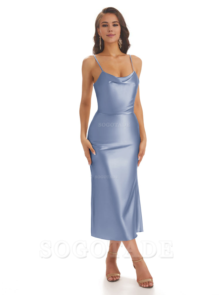 Sexy Soft Satin Spaghetti Strap Tea-Length Midi Short Bridesmaid Dress