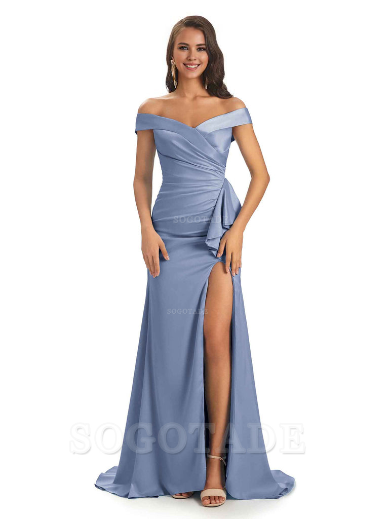 Sexy Soft Satin Side Slit Off The Shoulder Maxi Long Mermaid Bridesmaid Dresses prom shop dresses