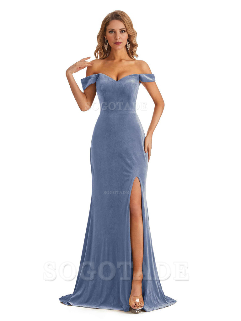 Elegant Simple Mermaid Off The Shoulder Backless Side Slit Velvet Long Charming Bridesmaid Dresses Formal Women's Dresses Wedding Guests Dresses
