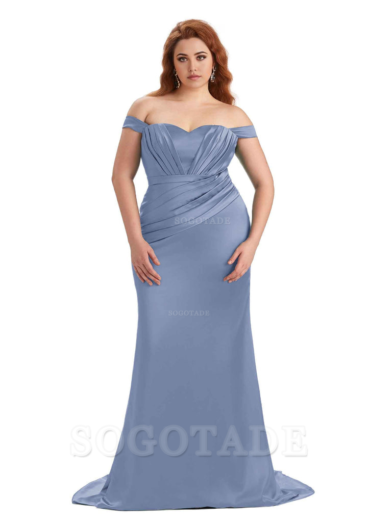 Sexy Mermaid Off The Shoulder Sweetheart Soft Satin Floor Length Long Plus Size Maid of Honor Dresses
