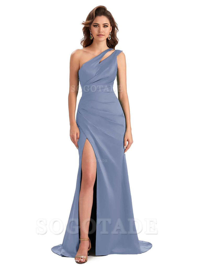 Mermaid One Shoulder Satin Sexy formal dresses evening gown Bridesmaid Dresses With Side Slit 