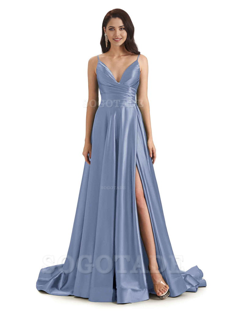 Spaghetti Straps Satin formal dresses evening gown Bridesmaid Dresses With Side Slit 