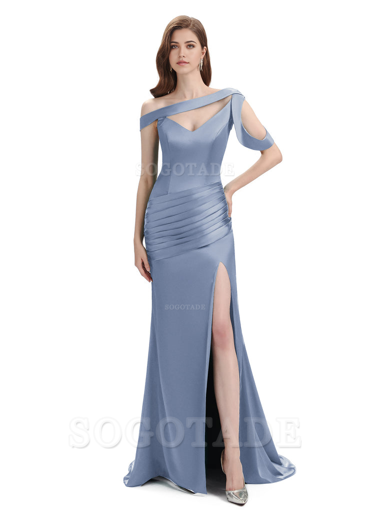 Mermaid V-Neck Satin Floor-Length formal dresses evening gown Bridesmaid Dresses With Side Slit 
