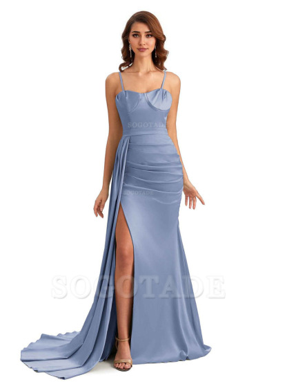 Sexy Spaghetti Straps Side Slit Mermaid Unique Long Bridesmaid Dresses In Satin