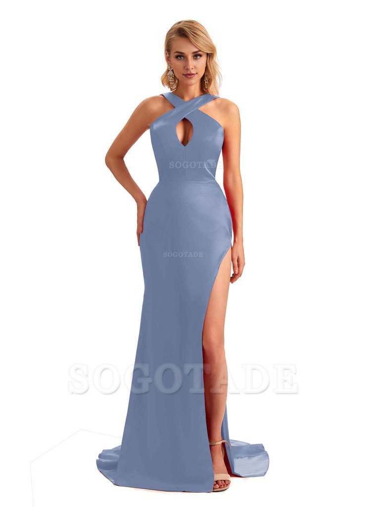 Sexy Side Slit Halter Mermaid Silky Satin Unique Long Formal Wedding Bridesmaid Dresses