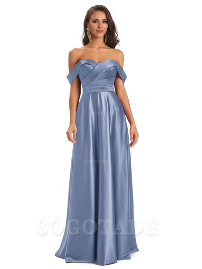 Sexy Soft Satin Off The Shoulder A-Line Long Bridesmaid Dresses Elegant Evening Party Dress