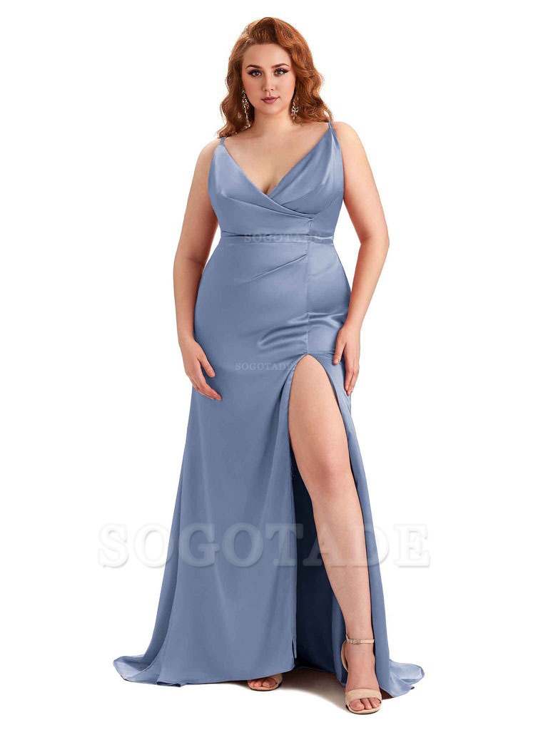 Sexy Side Slit Spaghetti Straps Mermaid Soft Satin Fashion Bridesmaid Dresses