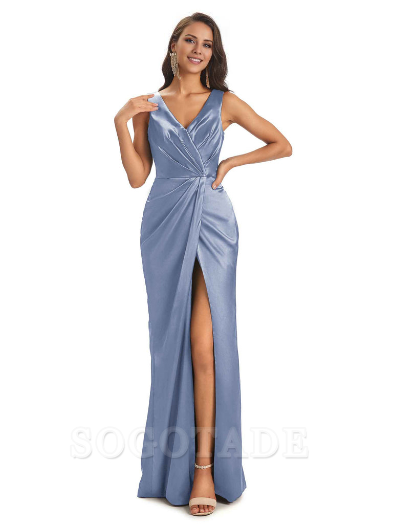 V-Neck Unique Long Satin Bridesmaid Dresses with Front Slit