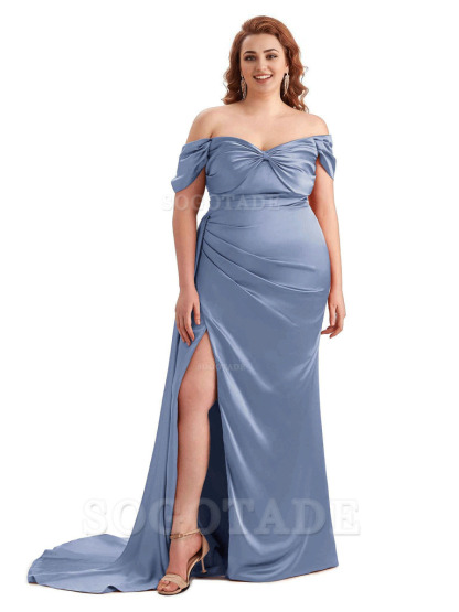  Sexy Side Slit Off The Shoulder Mermaid Soft Satin Long Plus Size Bridesmaid Dress For Wedding