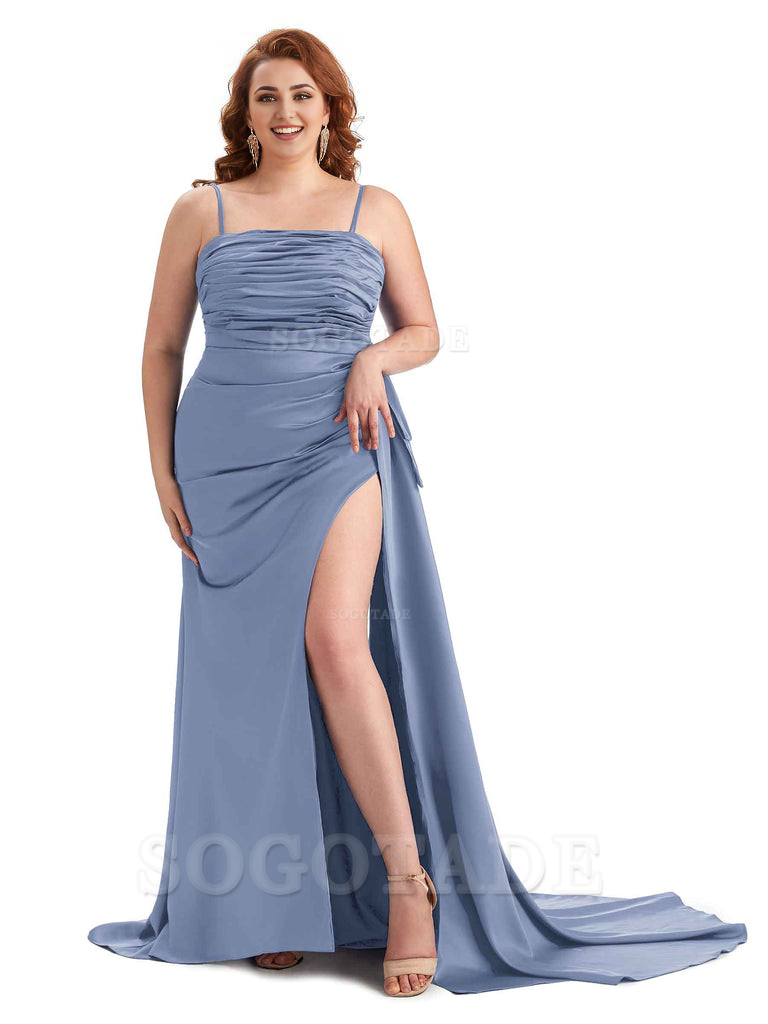 Sexy Side Slit Spaghetti Straps Mermaid Soft Satin Long Plus Size Bridesmaid Dresses Online