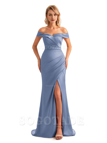 Off Shoulder Side Slit Mermaid Silky Satin Unique Long Formal Wedding Guest Dresses Online
