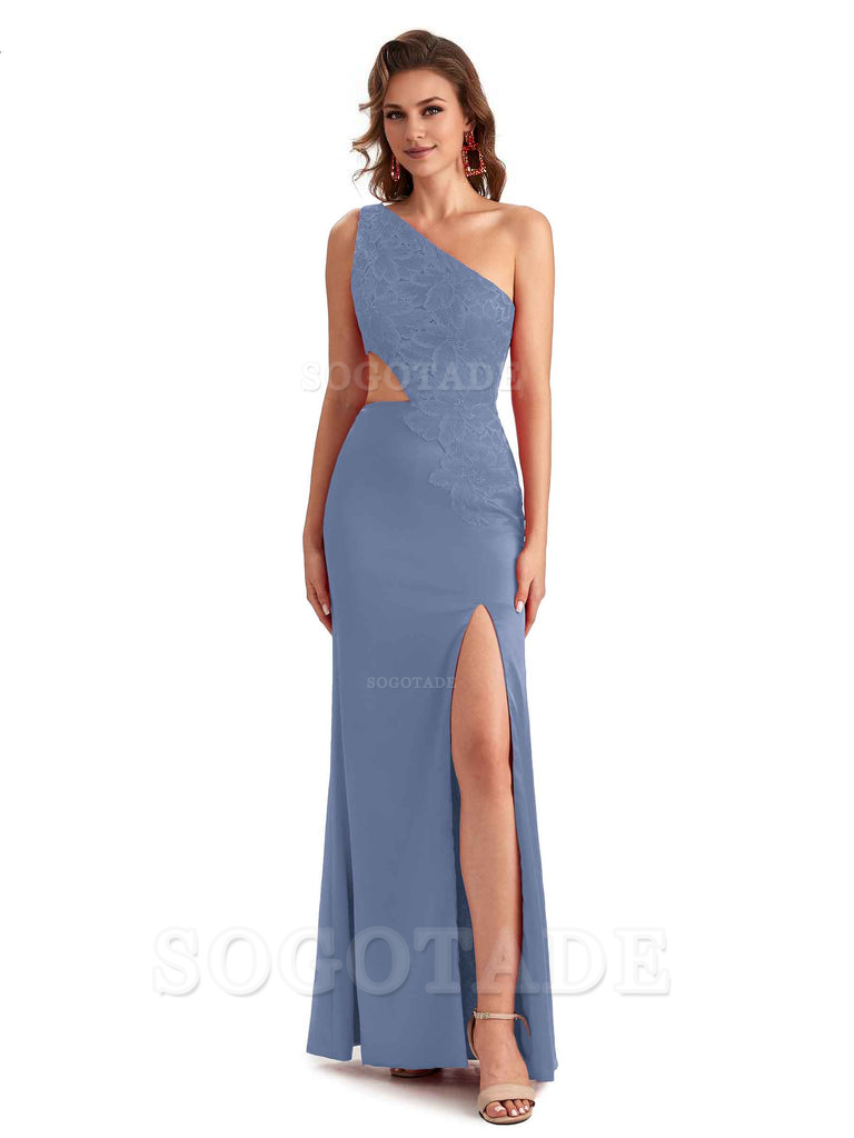 Sexy Side Slit Mermaid Lace Silky Satin One Shoulder Chic Long Bridesmaid Dresses