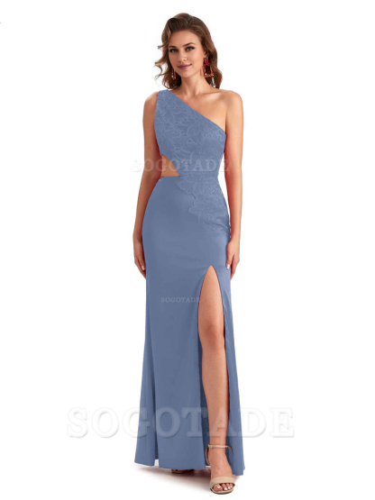 Sexy Side Slit Mermaid Lace Silky Satin One Shoulder Chic Long Bridesmaid Dresses