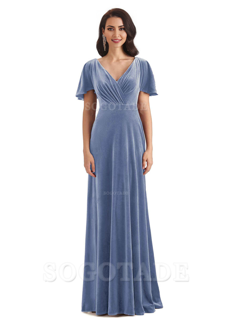V-Neck Sexy See Through Short Sleeves Lace up Velvet Long Bridesmaid Dresses Formal Women's Dresses Wedding Guests Dresses