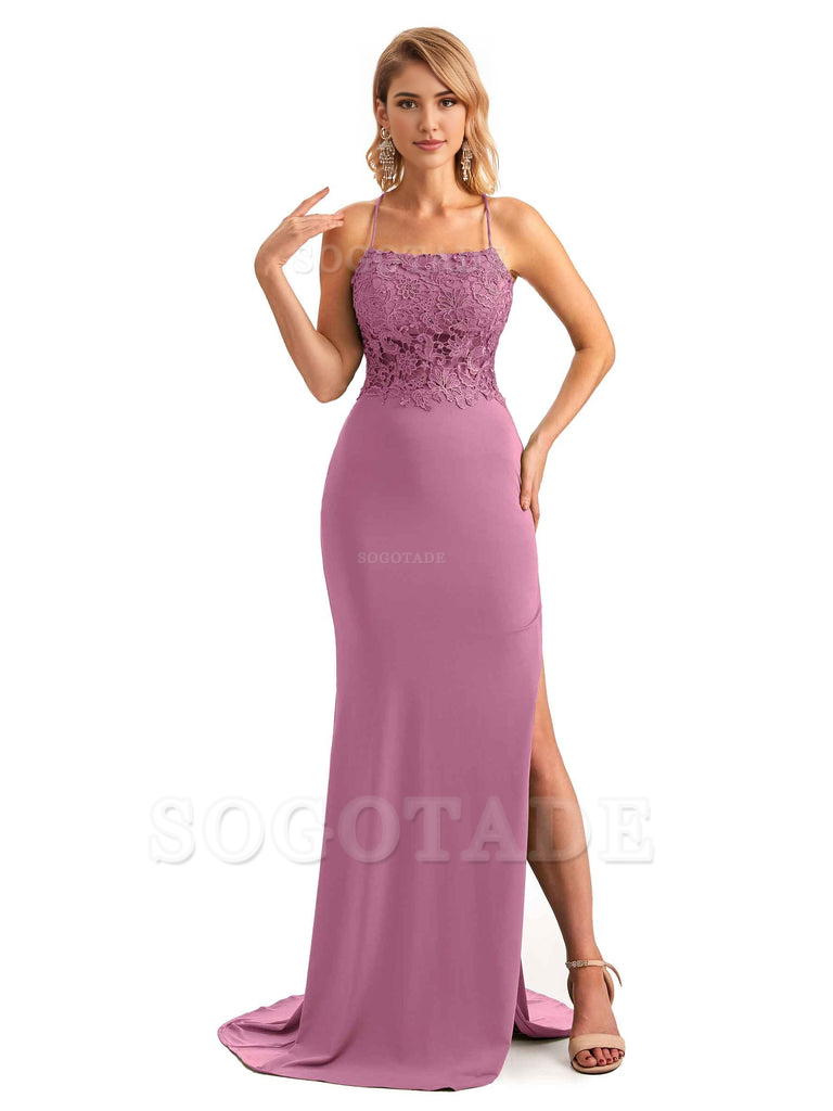 Sexy Side Slit Spaghetti Straps Open Back Mermaid Lace Applique Long Formal Bridesmaid Dresses