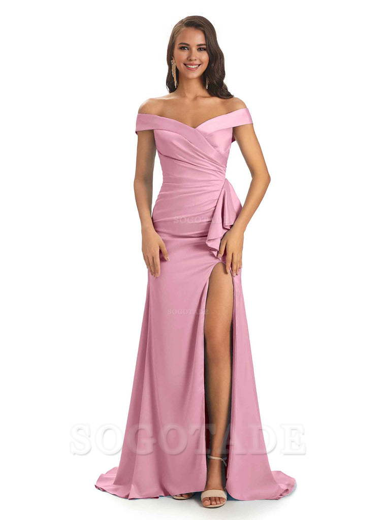 Sexy Soft Satin Side Slit Off The Shoulder Maxi Long Mermaid Bridesmaid Dresses prom shop dresses