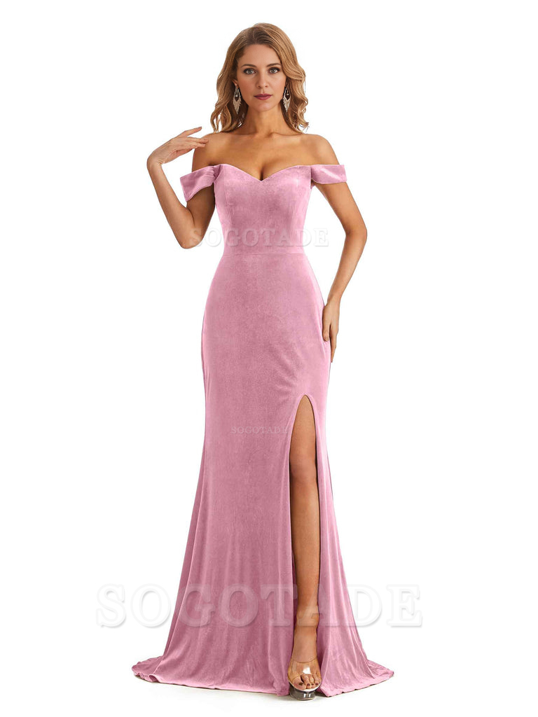 Elegant Simple Mermaid Off The Shoulder Backless Side Slit Velvet Long