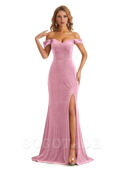 Elegant Simple Mermaid Off The Shoulder Backless Side Slit Velvet Long Charming Bridesmaid Dresses Formal Women's Dresses Wedding Guests Dresses