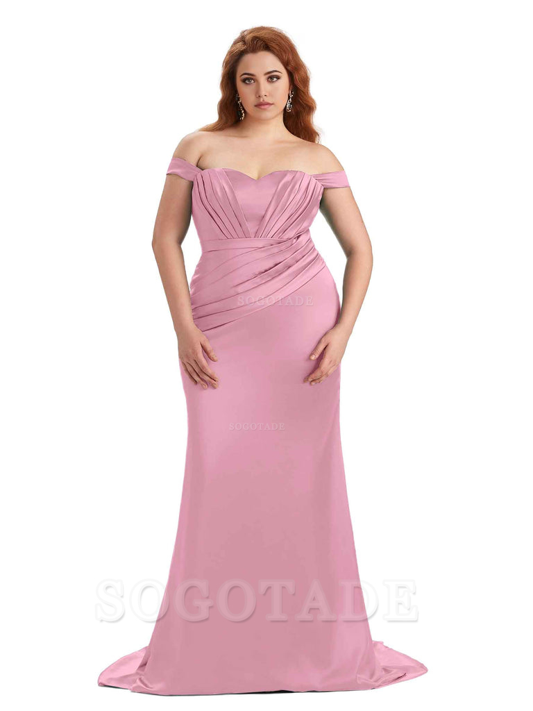 Sexy Mermaid Off The Shoulder Sweetheart Soft Satin Floor Length Long Plus Size Maid of Honor Dresses