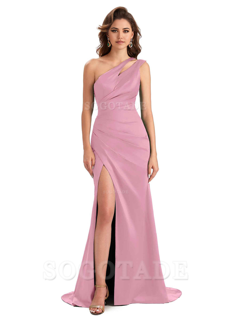 Mermaid One Shoulder Satin Sexy formal dresses evening gown Bridesmaid Dresses With Side Slit 
