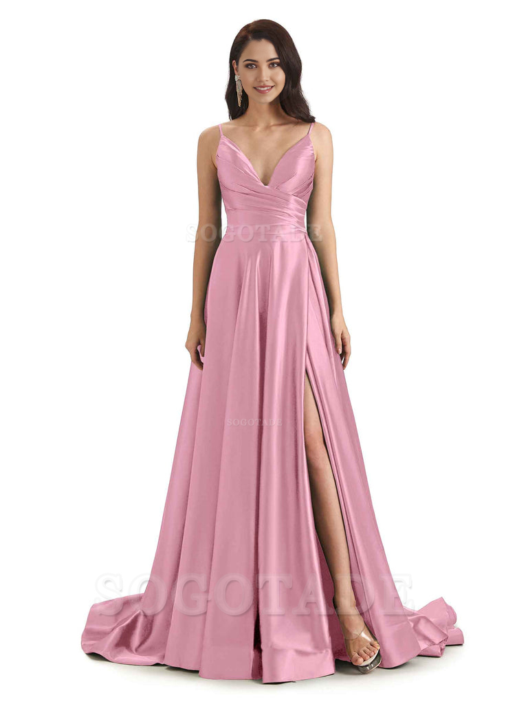 Spaghetti Straps Satin formal dresses evening gown Bridesmaid Dresses With Side Slit 