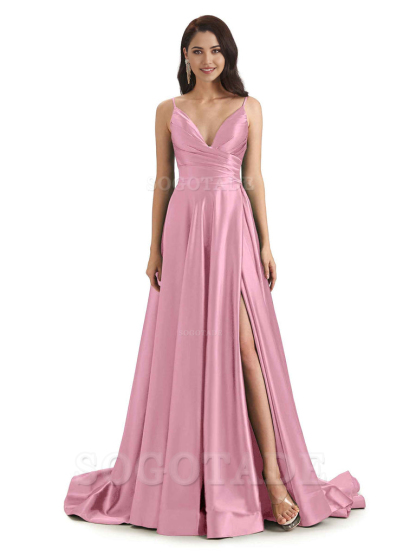 Spaghetti Straps Satin formal dresses evening gown Bridesmaid Dresses With Side Slit 