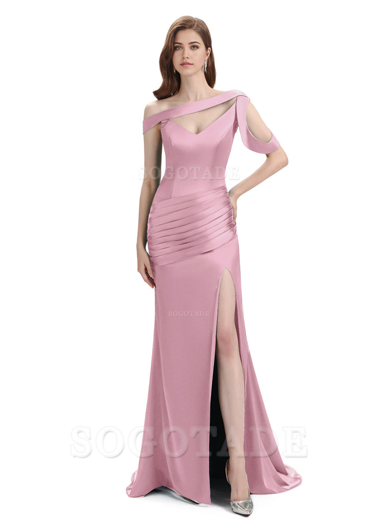 Mermaid V-Neck Satin Floor-Length formal dresses evening gown Bridesmaid Dresses With Side Slit 