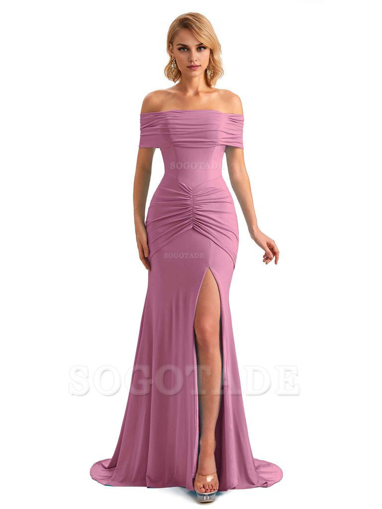 Elegant Mermaid Off The Shoulder Side Slit Stretchy Jersey Long Formal Bridesmaid Dresses