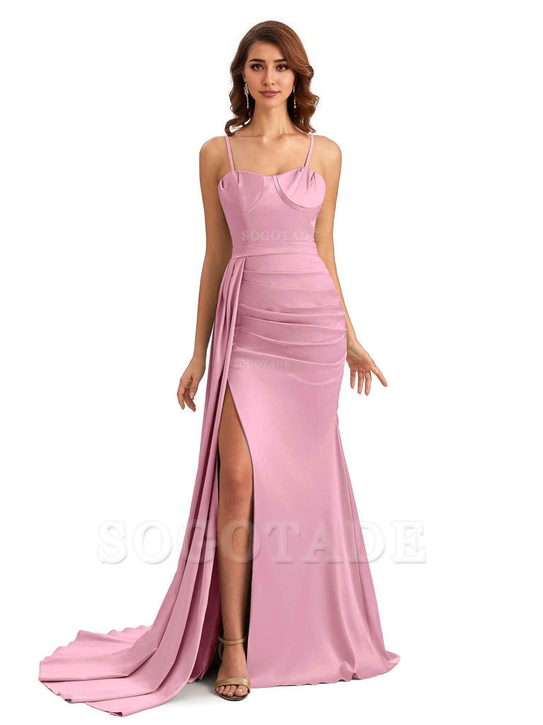 Sexy Spaghetti Straps Side Slit Mermaid Unique Long Bridesmaid Dresses In Satin